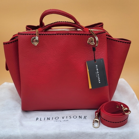 Plinio Visona Handbags - Plinio Visona Genuine Italian Leather Bag w/Gold Hardware, Dust Cover & Strap